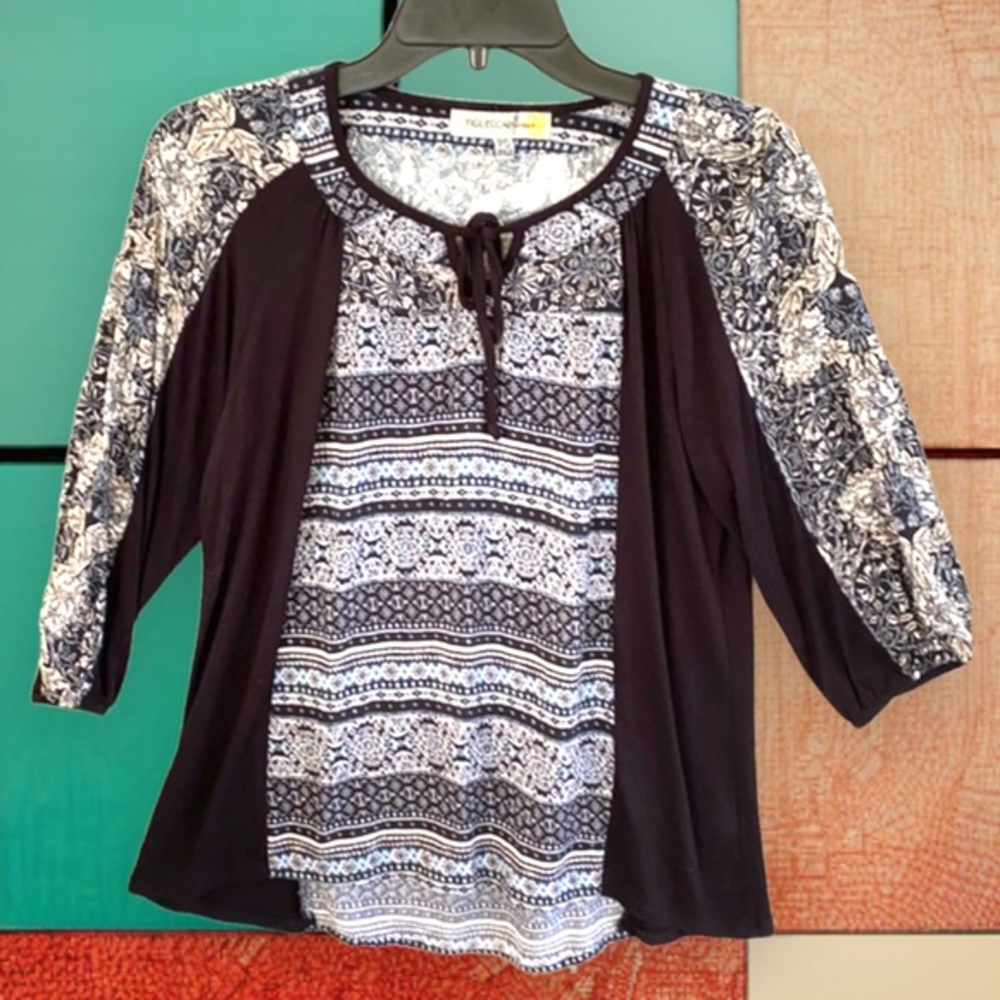Figueroa & Flower Black White Boho Print 3/4 Sleeve Blouse